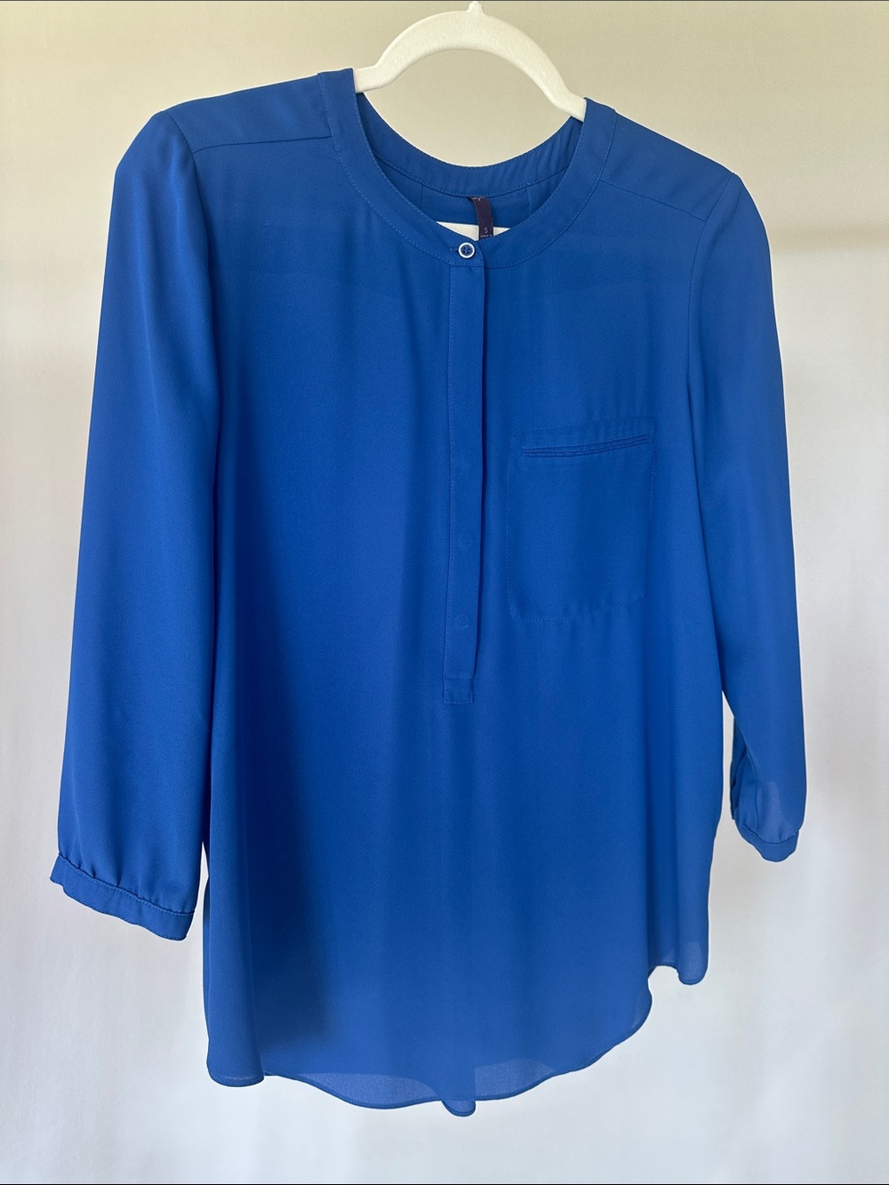 NYDJ Cobalt Blue Chiffon Popover Blouse Size Small 3/4 Sleeve